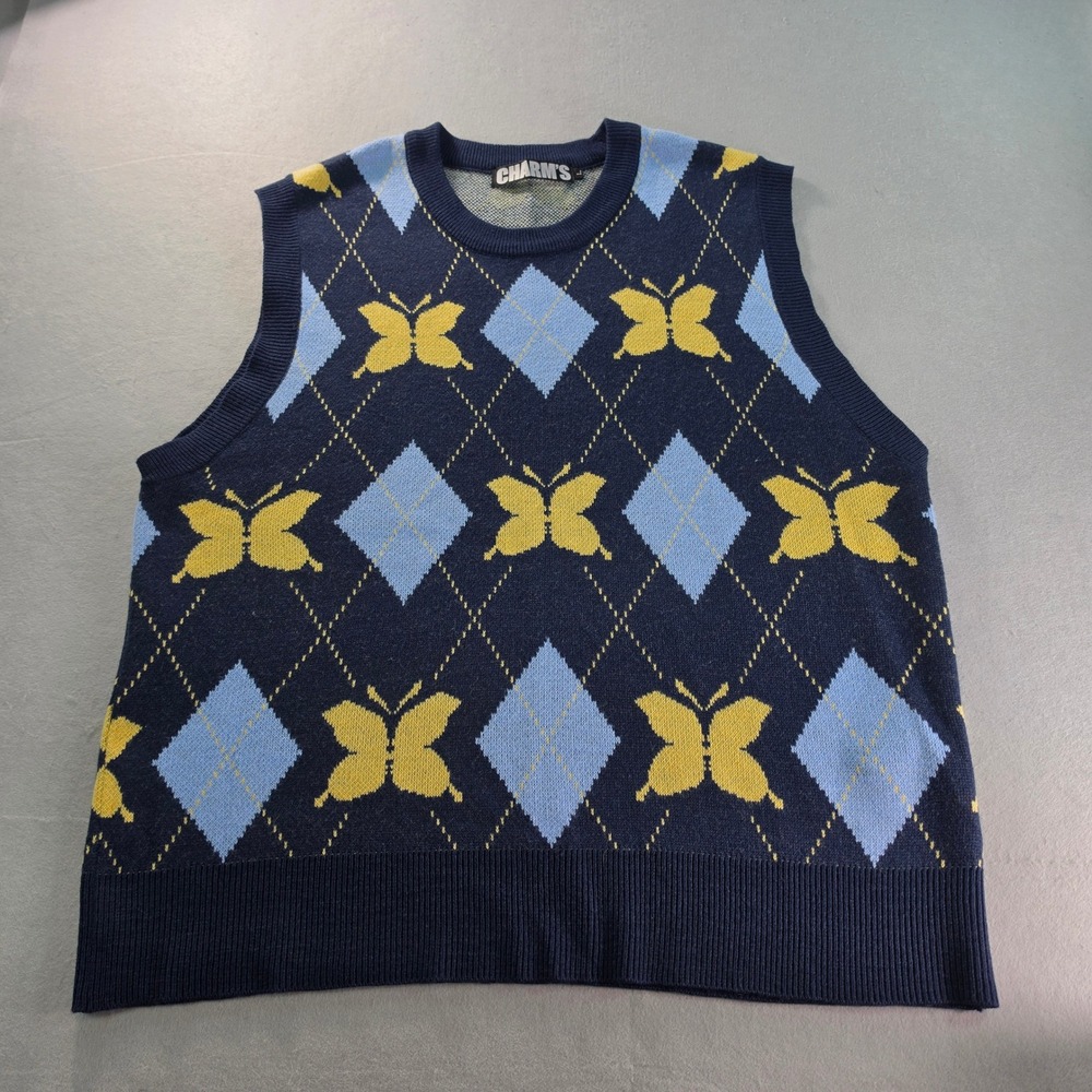 CHARMS Butterfly Argyle Knit Vest Navy Yellow Preppy Y2K Sweater Large
